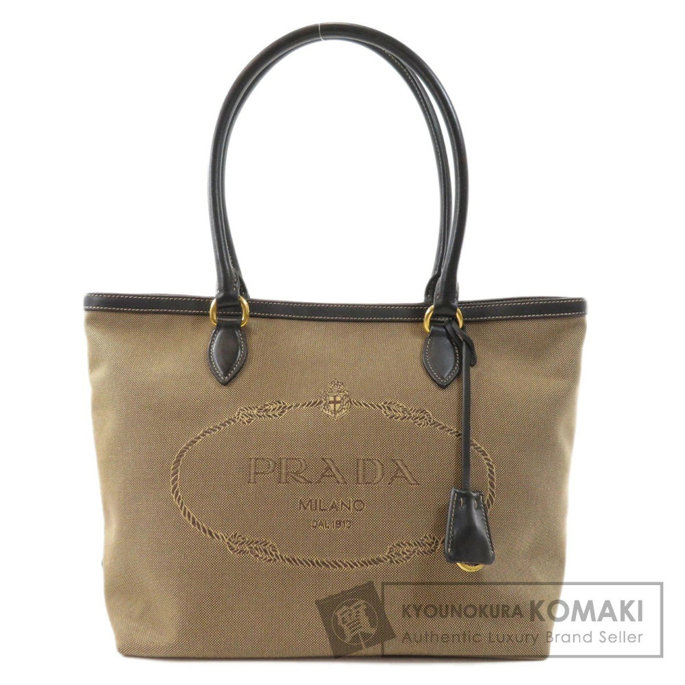 Prada Logo Jacquard Tote Bag beige brown canvas leather